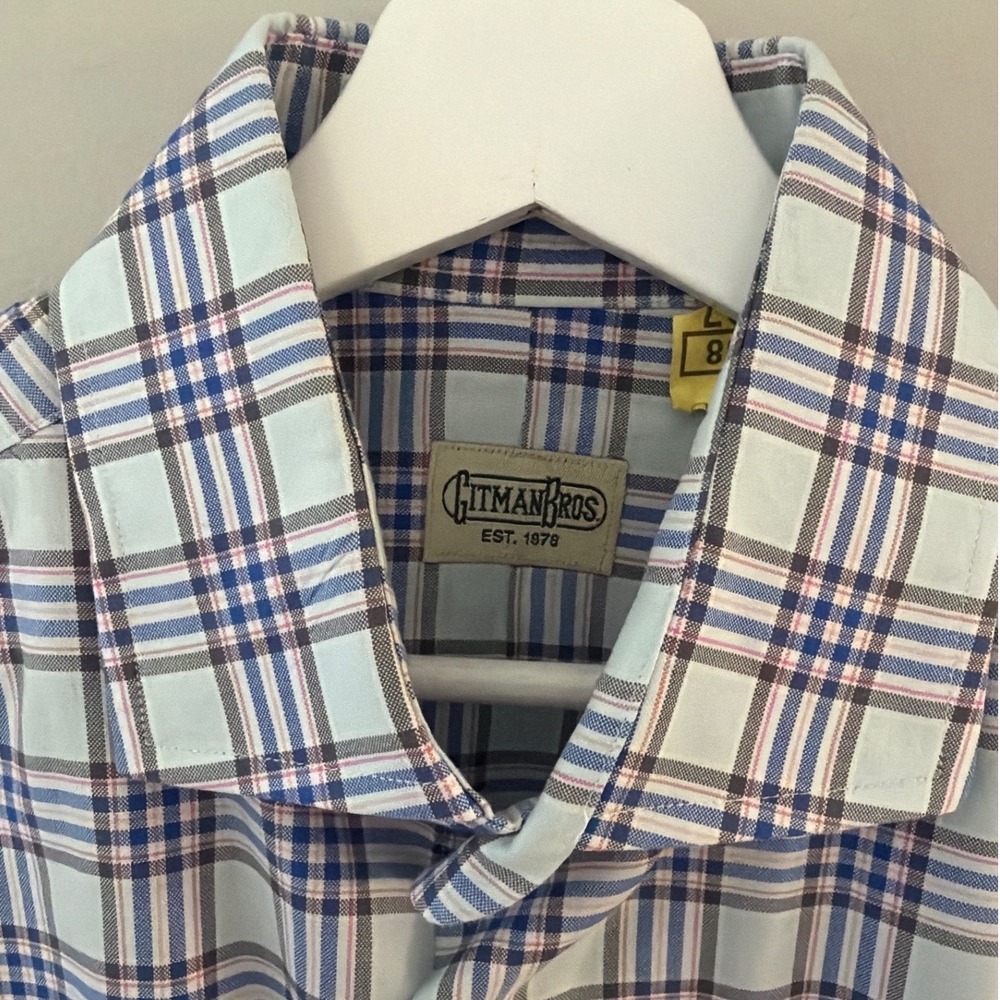 Gitman Bros Mens Large Plaid Button Down Shirt Blue Pink Long Sleeve Made in USA